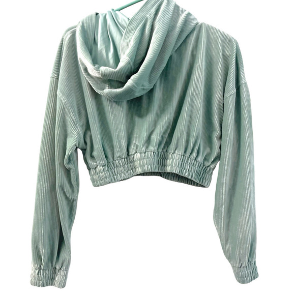 ZARA Velvet Corduroy Cropped Hoodie Sweatshirt Size medium in vibrant teal NWOT - Picture 6 of 7